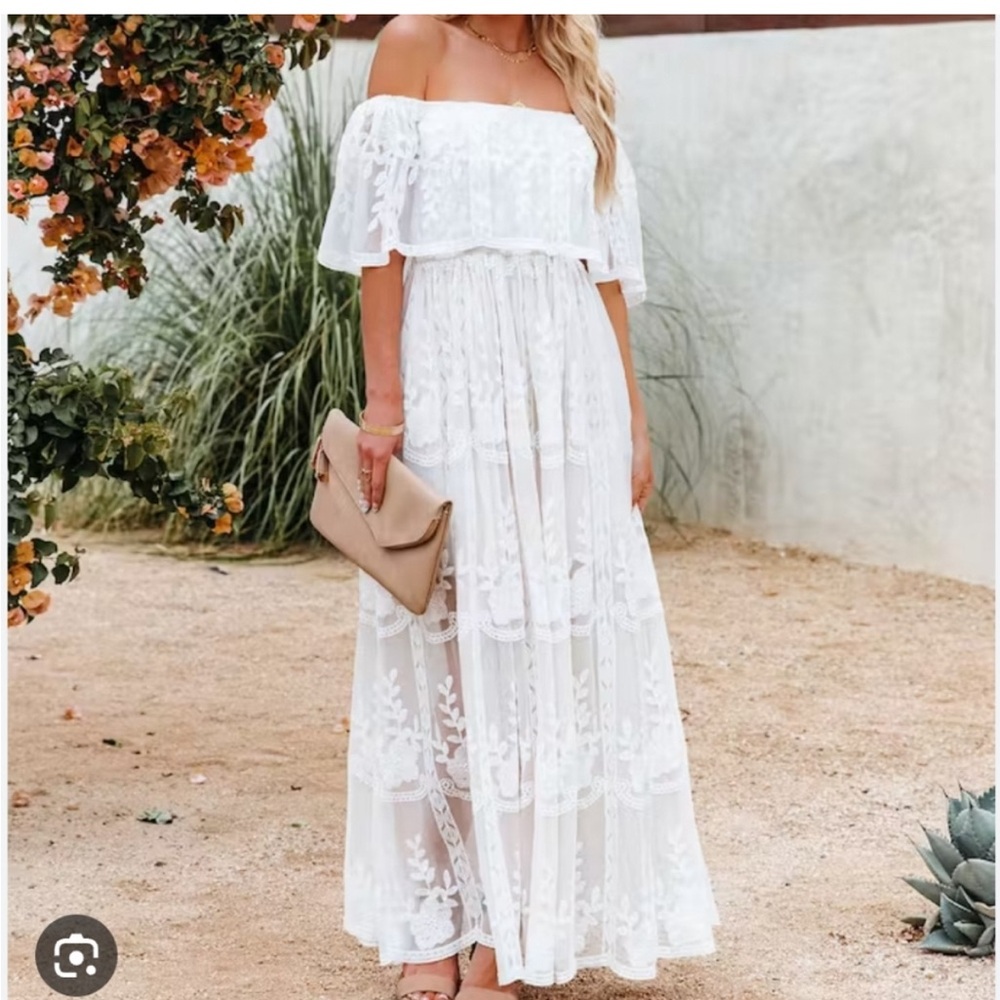 White Off The Shoulder Lace Maxi Dress